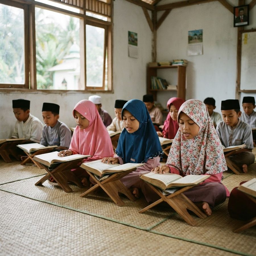 Anak-anak membaca Al-Qur'an di ruang belajar