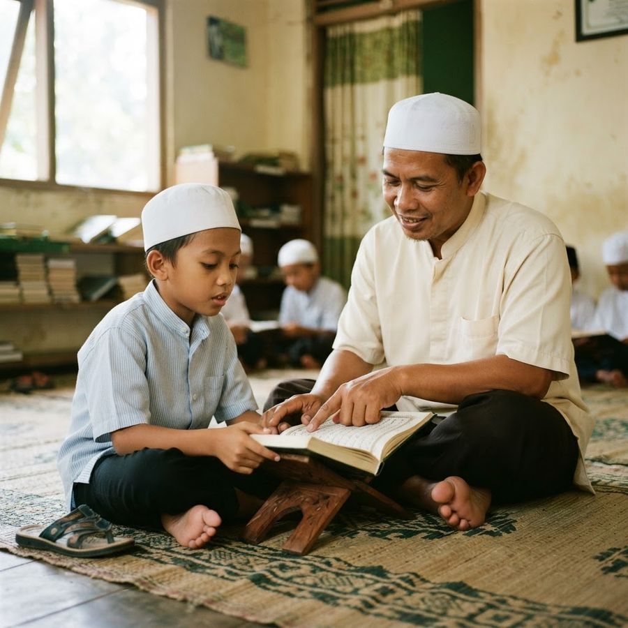 Pengajar mendampingi santri membaca Al-Qur'an